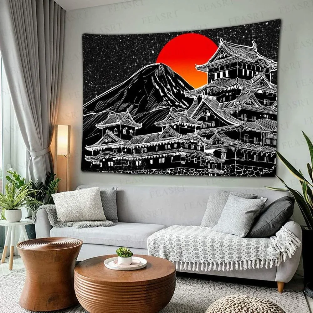 Japanese Fuji Mountain Art Chinese Dojo BlackWhite Sunset Graphic Print Tapestry